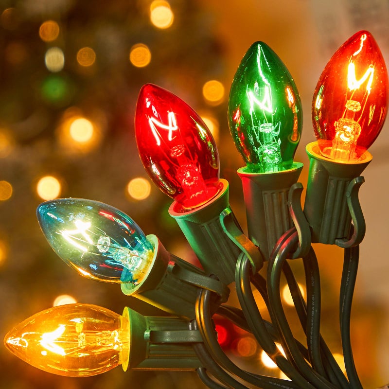Minetom C7 Multicolor Christmas String Light Set, 25ft Vintage Christmas Tree Lights, Outdoor Roofline String Lights with 25 Bulbs for Patio Garden Holiday Indoor Wedding Home Decorating, Green Wire - Image 1